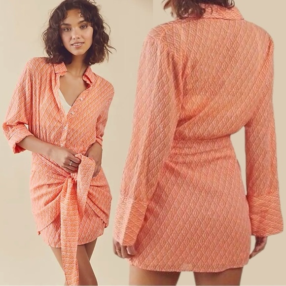Free People Rillo Shirt Dress Pink Rose Size Small NWOT Cover Up Orange Tropical - Picture 1 of 12